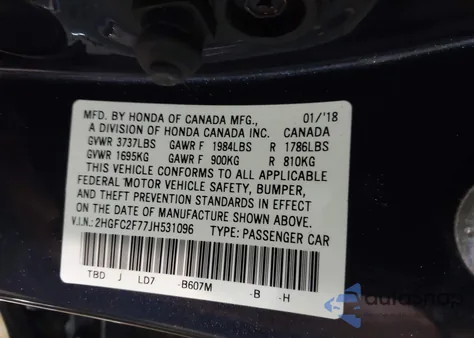 2018 Honda Civic Ex из США, поврежденный, VIN 2HGFC2F77JH531096